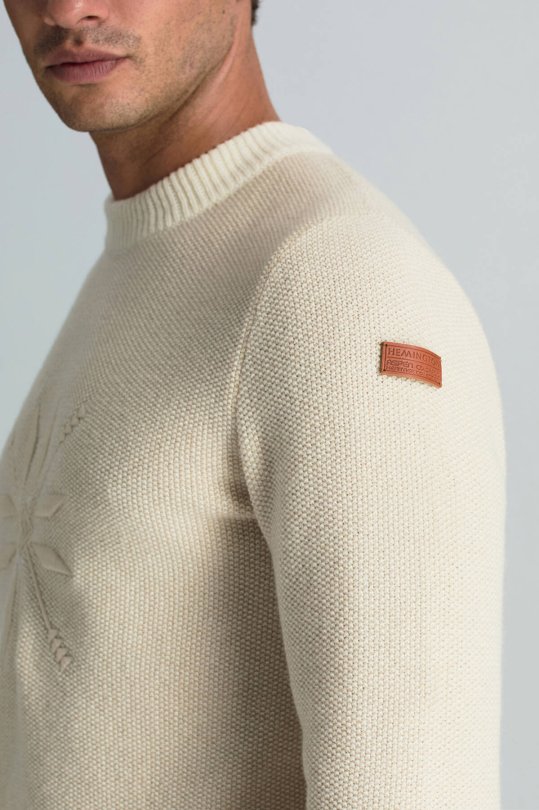 Kaşmir Yün Karışım Kar Desenli Bisiklet Yaka Ekru Kazak