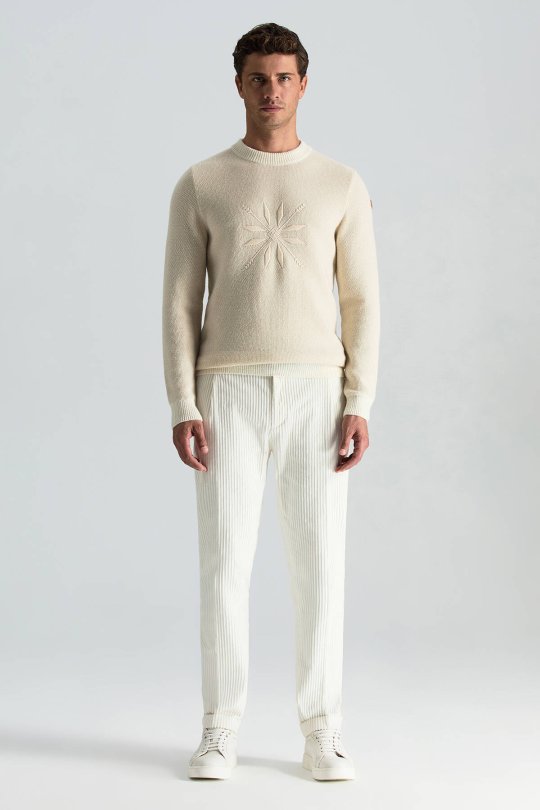 Kaşmir Yün Karışım Kar Desenli Bisiklet Yaka Ekru Kazak