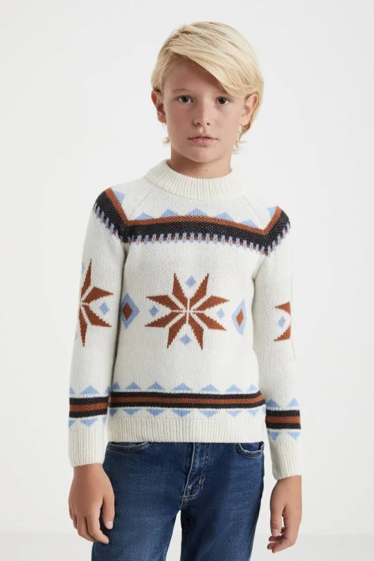 Hemington - Kaşmir Yün Karışım Lupetto Yaka Kar Desen Ekru Çocuk Kazak