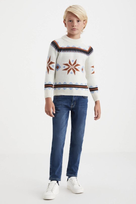 Kaşmir Yün Karışım Lupetto Yaka Kar Desen Ekru Çocuk Kazak