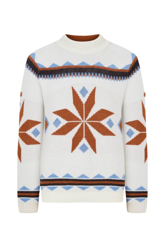 Kaşmir Yün Karışım Lupetto Yaka Kar Desen Ekru Kazak