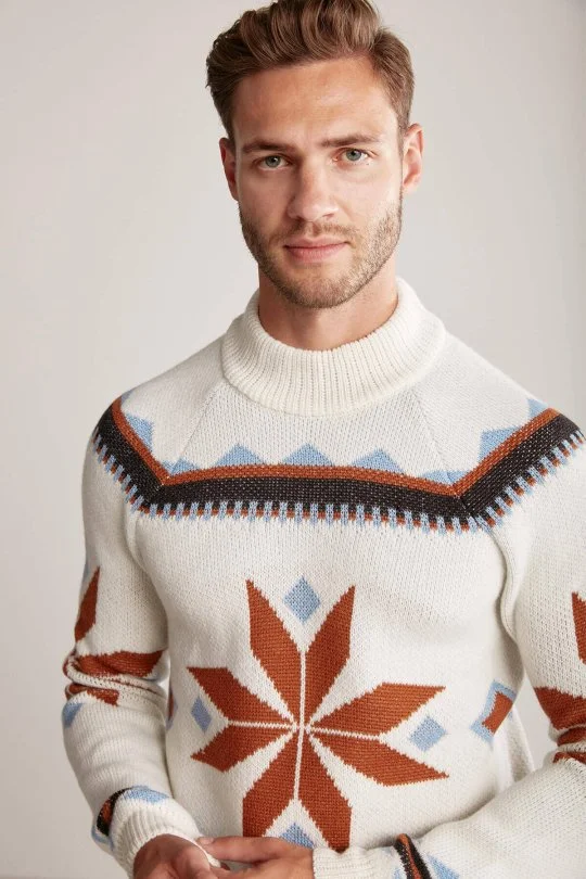 Hemington - Kaşmir Yün Karışım Lupetto Yaka Kar Desen Ekru Kazak