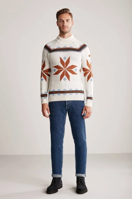 Hemington - Kaşmir Yün Karışım Lupetto Yaka Kar Desen Ekru Kazak (4)