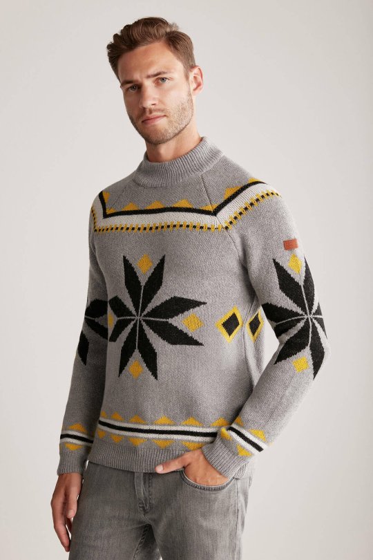 Kaşmir Yün Karışım Lupetto Yaka Kar Desen Gri Kazak