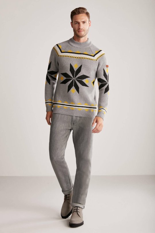 Kaşmir Yün Karışım Lupetto Yaka Kar Desen Gri Kazak