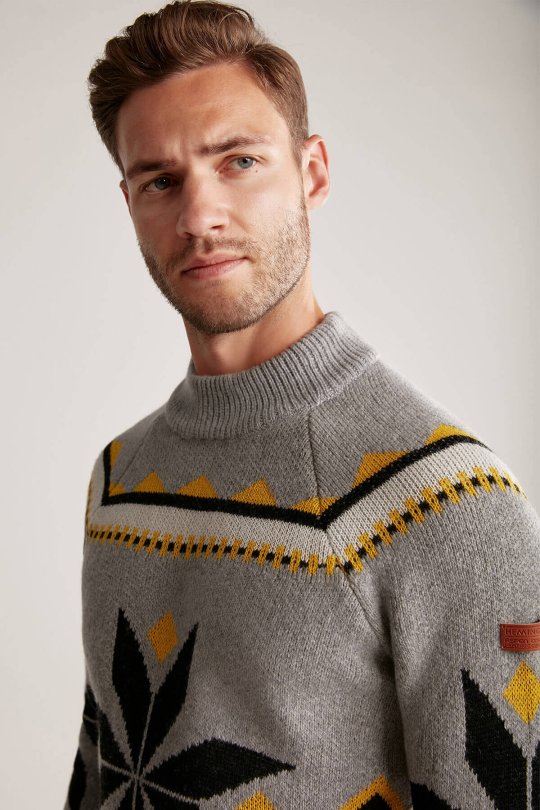 Kaşmir Yün Karışım Lupetto Yaka Kar Desen Gri Kazak