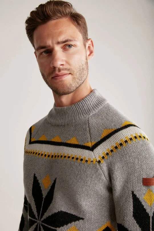 Hemington - Kaşmir Yün Karışım Lupetto Yaka Kar Desen Gri Kazak (3)