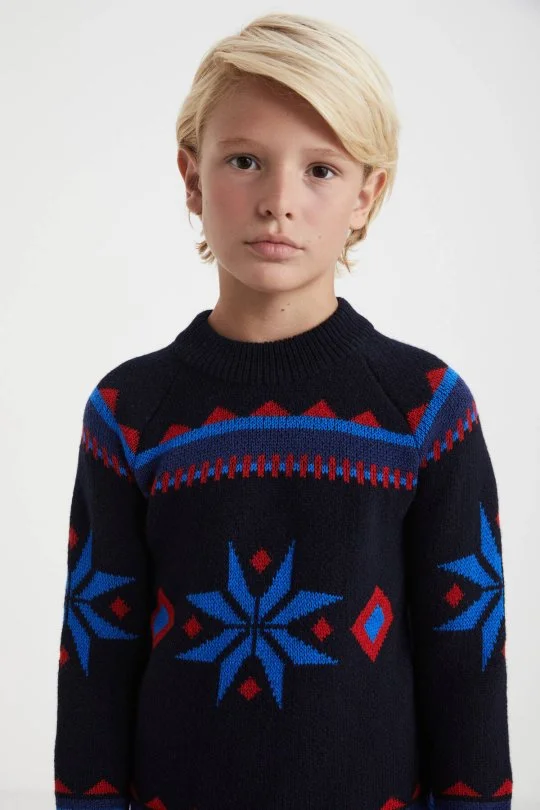 Hemington - Kaşmir Yün Karışım Lupetto Yaka Kar Desen Lacivert Çocuk Kazak