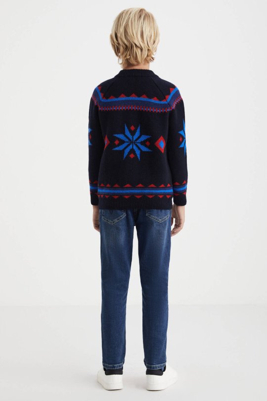 Kaşmir Yün Karışım Lupetto Yaka Kar Desen Lacivert Çocuk Kazak