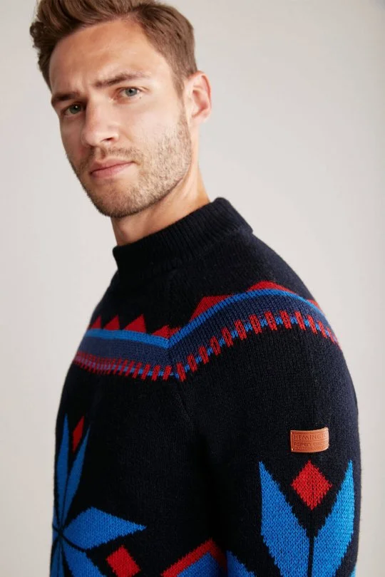 Hemington - Kaşmir Yün Karışım Lupetto Yaka Kar Desen Lacivert Kazak (3)