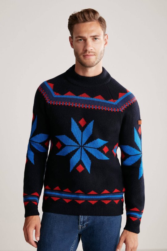 Kaşmir Yün Karışım Lupetto Yaka Kar Desen Lacivert Kazak