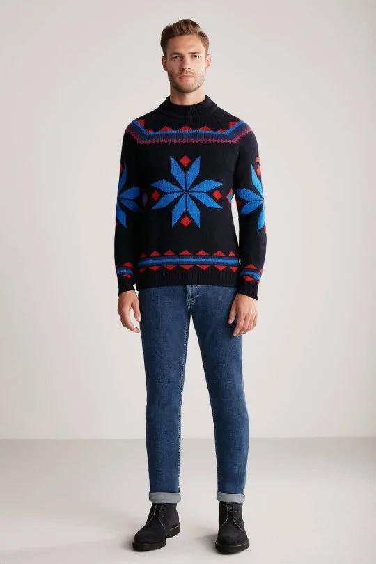 Hemington - Kaşmir Yün Karışım Lupetto Yaka Kar Desen Lacivert Kazak (4)