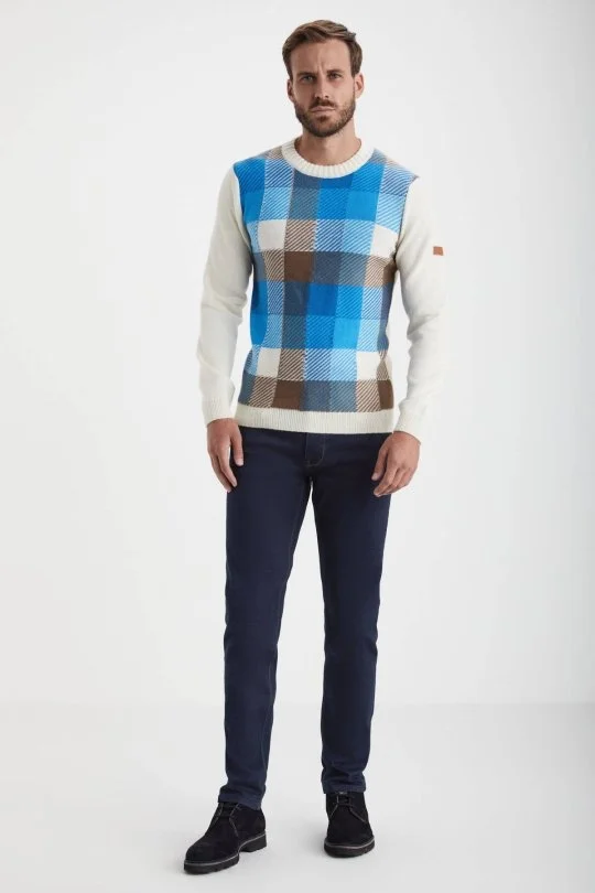 Hemington - Kaşmir Yün Karışım Tartan Desen Ekru Mavi Kazak (1)