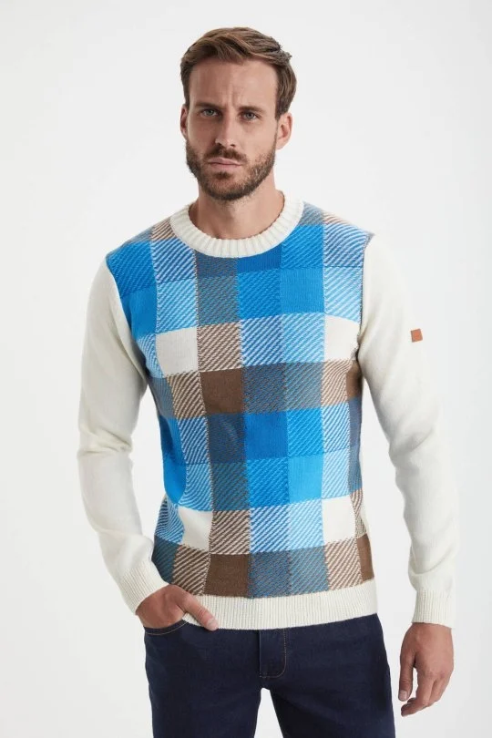 Hemington - Kaşmir Yün Karışım Tartan Desen Ekru Mavi Kazak (3)