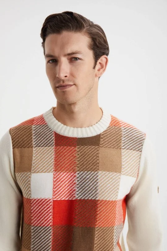 Hemington - Kaşmir Merino Yün Karışım Tartan Desen Ekru Turuncu Kazak (3)