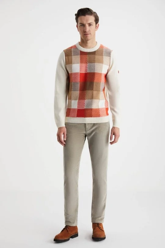 Hemington - Kaşmir Merino Yün Karışım Tartan Desen Ekru Turuncu Kazak (1)