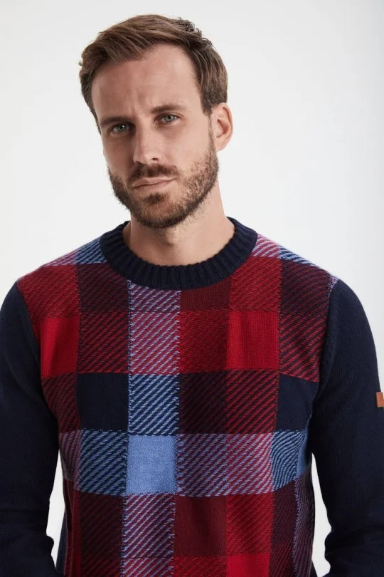 Hemington - Kaşmir Yün Karışım Tartan Desen Kırmızı Lacivert Kazak (3)