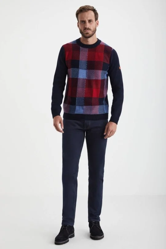 Hemington - Kaşmir Yün Karışım Tartan Desen Kırmızı Lacivert Kazak (1)