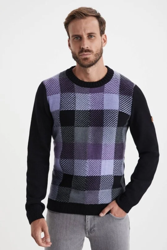 Hemington - Kaşmir Yün Karışım Tartan Desen Siyah Mor Kazak