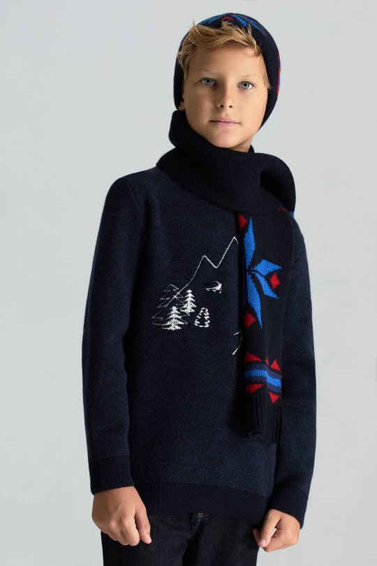 Kaşmir Yün Karışım Kar Desen Lacivert Çocuk Atkı