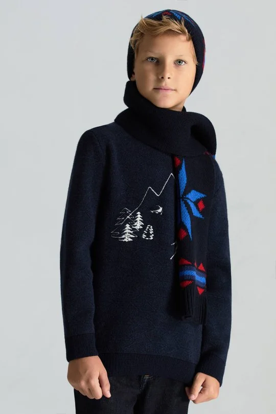 Hemington - Kaşmir Yün Karışım Kar Desen Lacivert Çocuk Atkı (1)