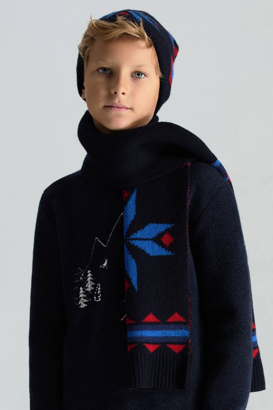 Kaşmir Yün Karışım Kar Desen Lacivert Çocuk Bere