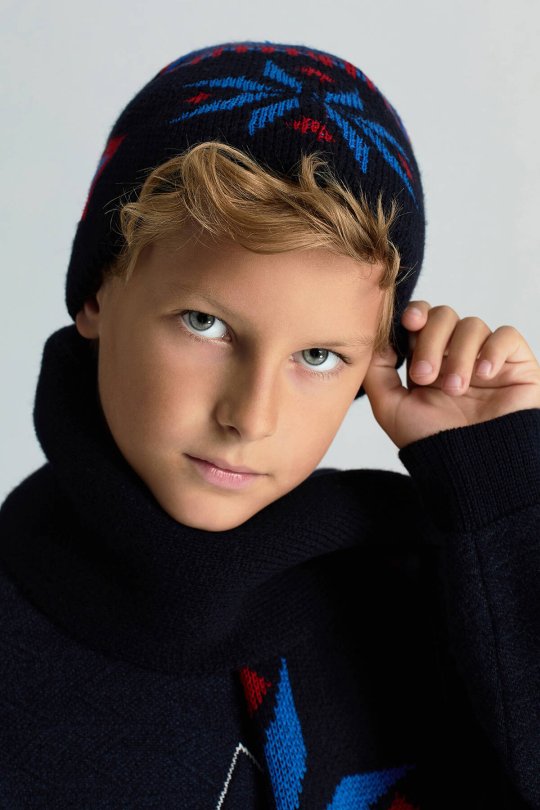 Kaşmir Yün Karışım Kar Desen Lacivert Çocuk Bere