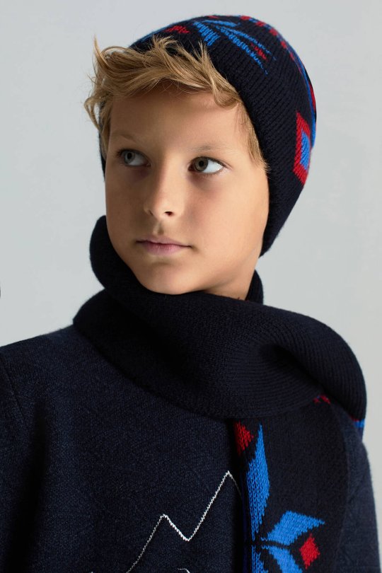 Kaşmir Yün Karışım Kar Desen Lacivert Çocuk Bere