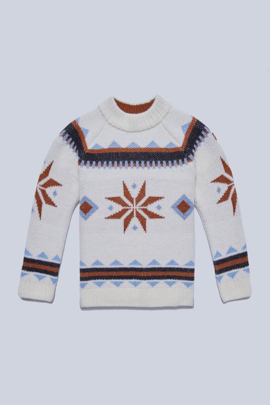 Kaşmir Yün Karışım Yarım Balıkçı Kar Desen Ekru Çocuk Kazak