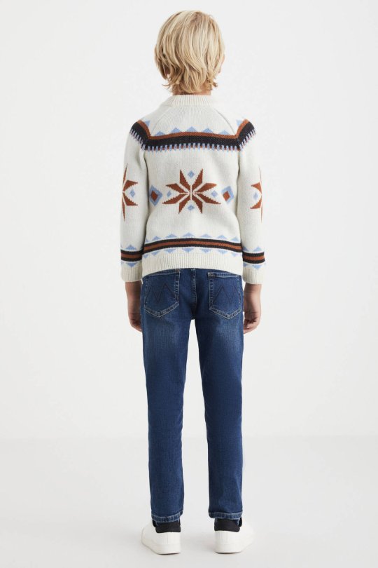 Kaşmir Yün Karışım Yarım Balıkçı Kar Desen Ekru Çocuk Kazak