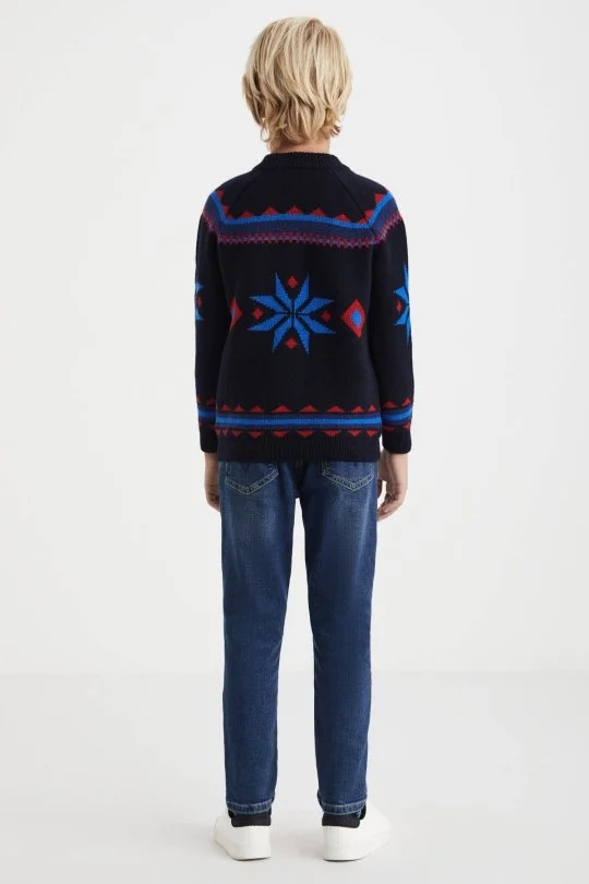 Hemington - Kaşmir Yün Karışım Yarım Balıkçı Kar Desen Lacivert Çocuk Kazak (1)