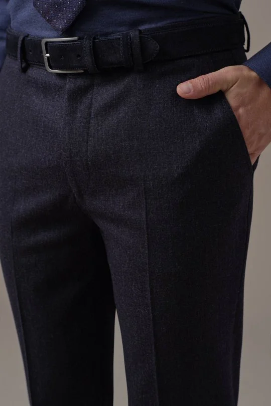 Hemington - Kaşmir Yün Kırçıl Desen Koyu Lacivert Flanel Pantolon (3)