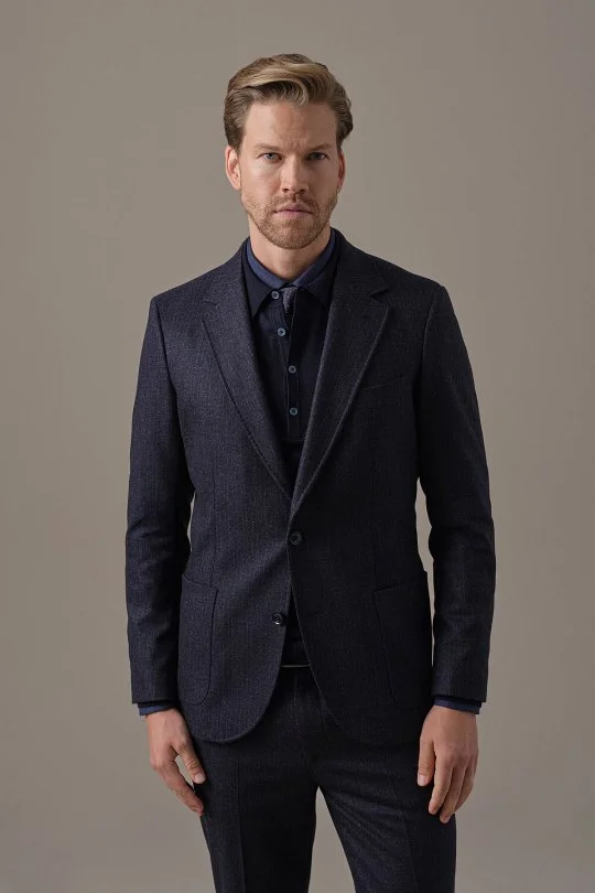 Hemington - Kaşmir Yün Kırçıl Desen Koyu Lacivert Blazer Ceket (1)