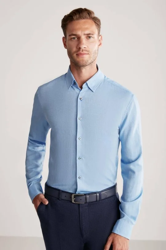 Hemington - Kaşmirli Gizli Düğmeli Açık Mavi Business Gömlek