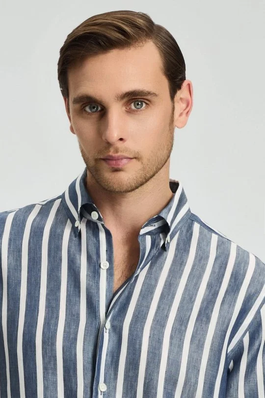 Hemington - Lacivert Beyaz Çizgi Desen Keten Karışım Gömlek (3)