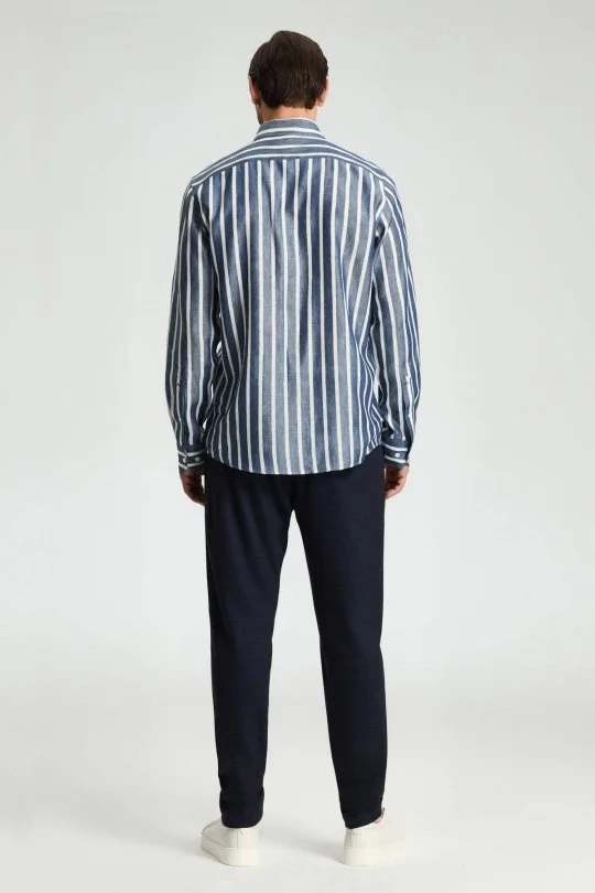Hemington - Lacivert Beyaz Çizgi Desen Keten Karışım Gömlek (5)