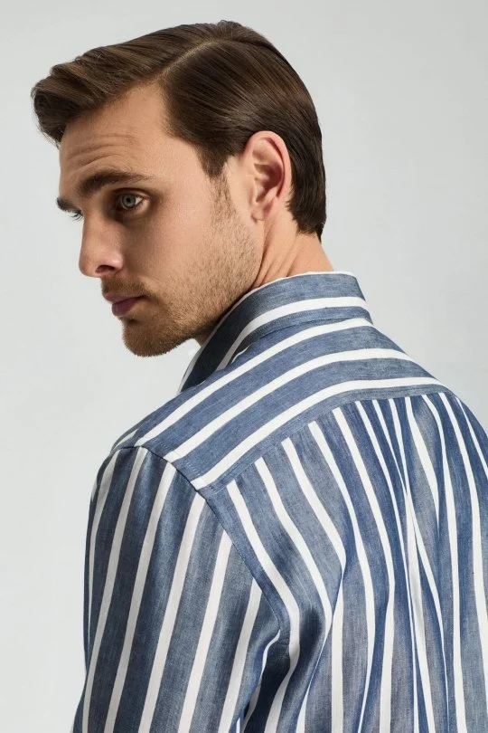 Hemington - Lacivert Beyaz Çizgi Desen Keten Karışım Gömlek (2)