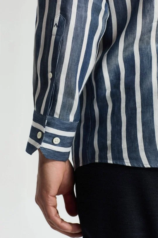 Hemington - Lacivert Beyaz Çizgi Desen Keten Karışım Gömlek (4)