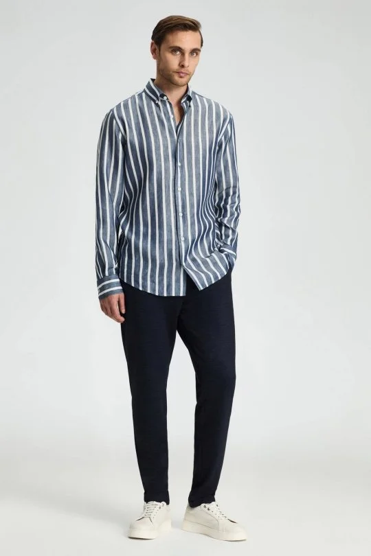 Hemington - Lacivert Beyaz Çizgi Desen Keten Karışım Gömlek (1)