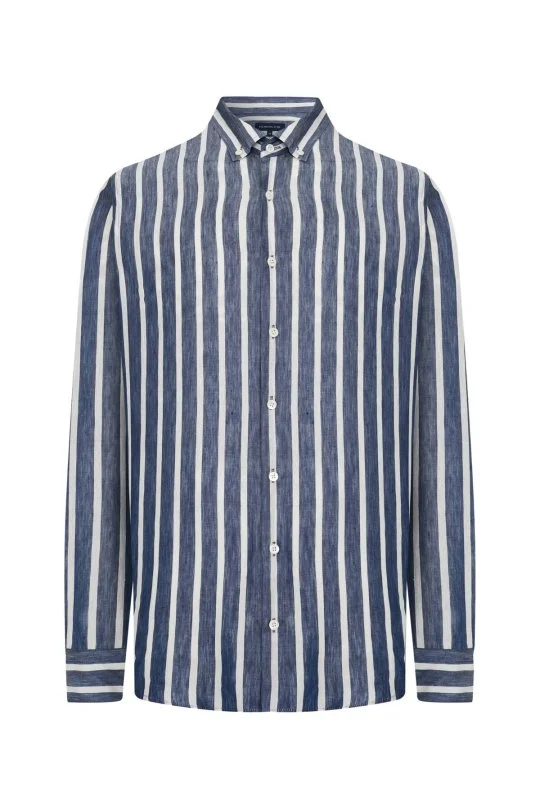 Hemington - Lacivert Beyaz Çizgi Desen Keten Karışım Gömlek (6)