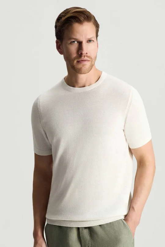 Keten Pamuk Karışım Bisiklet Yaka Beyaz Triko T-Shirt