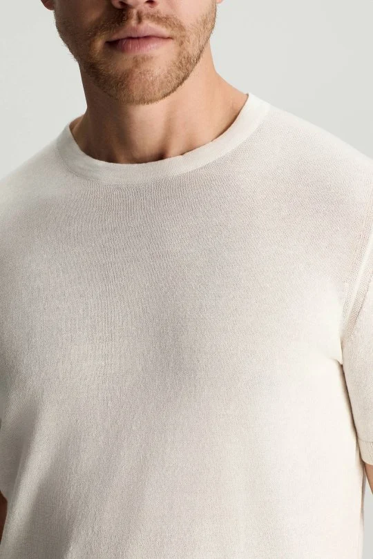 Keten Pamuk Karışım Bisiklet Yaka Beyaz Triko T-Shirt