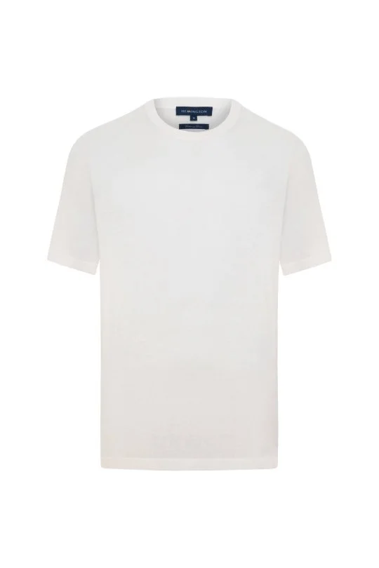 Keten Pamuk Karışım Bisiklet Yaka Beyaz Triko T-Shirt