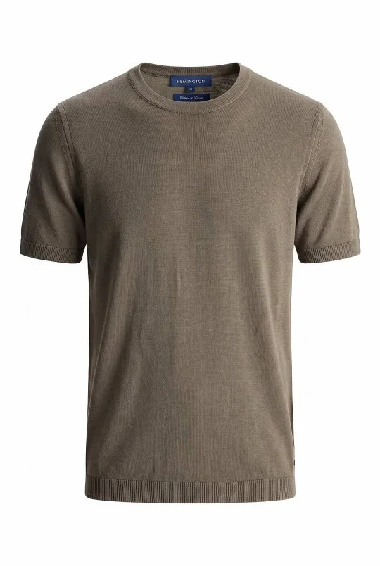 Hemington - Keten Pamuk Karışım Bisiklet Yaka Haki Triko T-Shirt (6)