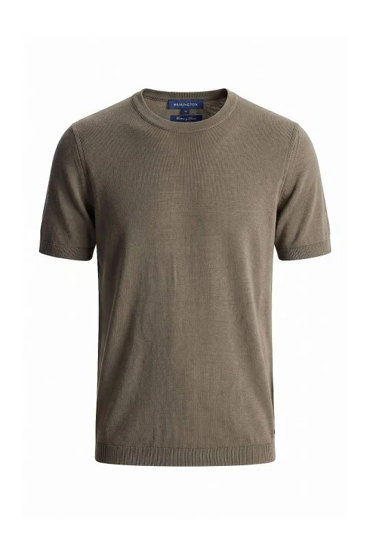 Hemington - Keten Pamuk Karışım Bisiklet Yaka Haki Triko T-Shirt (6)