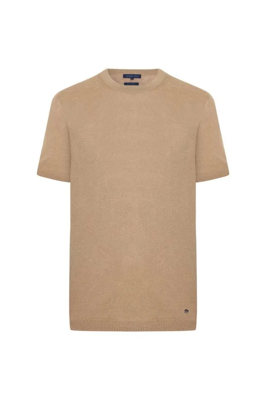 Keten Pamuk Karışım Bisiklet Yaka Kum Rengi Triko T-Shirt