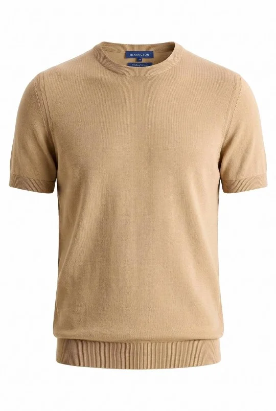 Hemington - Keten Pamuk Karışım Bisiklet Yaka Kum Rengi Triko T-Shirt (6)