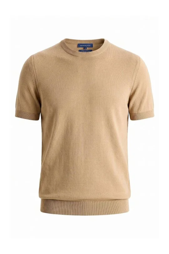 Hemington - Keten Pamuk Karışım Bisiklet Yaka Kum Rengi Triko T-Shirt (6)