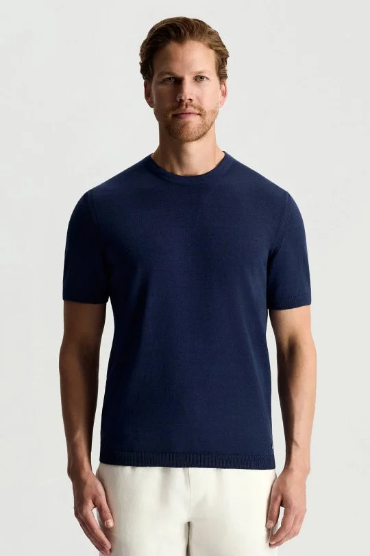 Keten Pamuk Karışım Bisiklet Yaka Mavi Triko T-Shirt