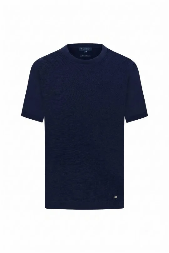 Hemington - Keten Pamuk Karışım Bisiklet Yaka Mavi Triko T-Shirt (7)